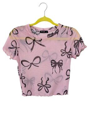 Julia by Love J Pink Short Sleeve Mesh Crop Top w. Black Bows Size Small